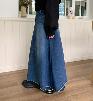 Elenit Cat Washing Flared Denim Long Skirt